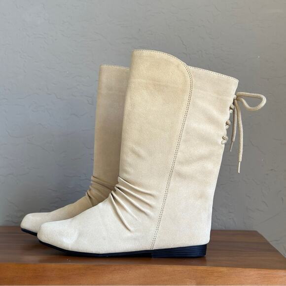 Cream suede leather lace back detail boots size 8.5 pull‎ on - Picture 1 of 5